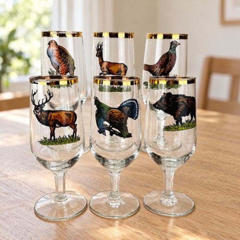 Set of 6 Wildlife Stemmed Beer Glasses Gold Rim Deer Boar Game Birds Hunting